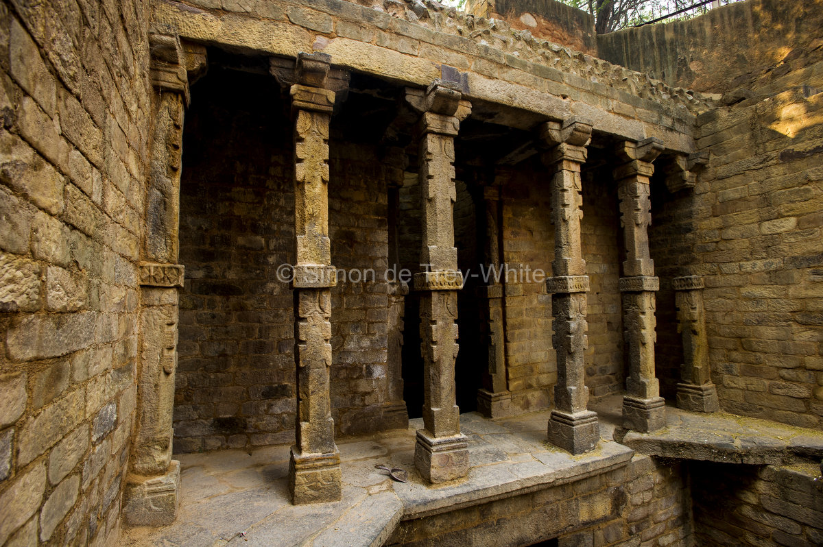 Carved columns of the Gandhak Ki Baoli in Mehrauli