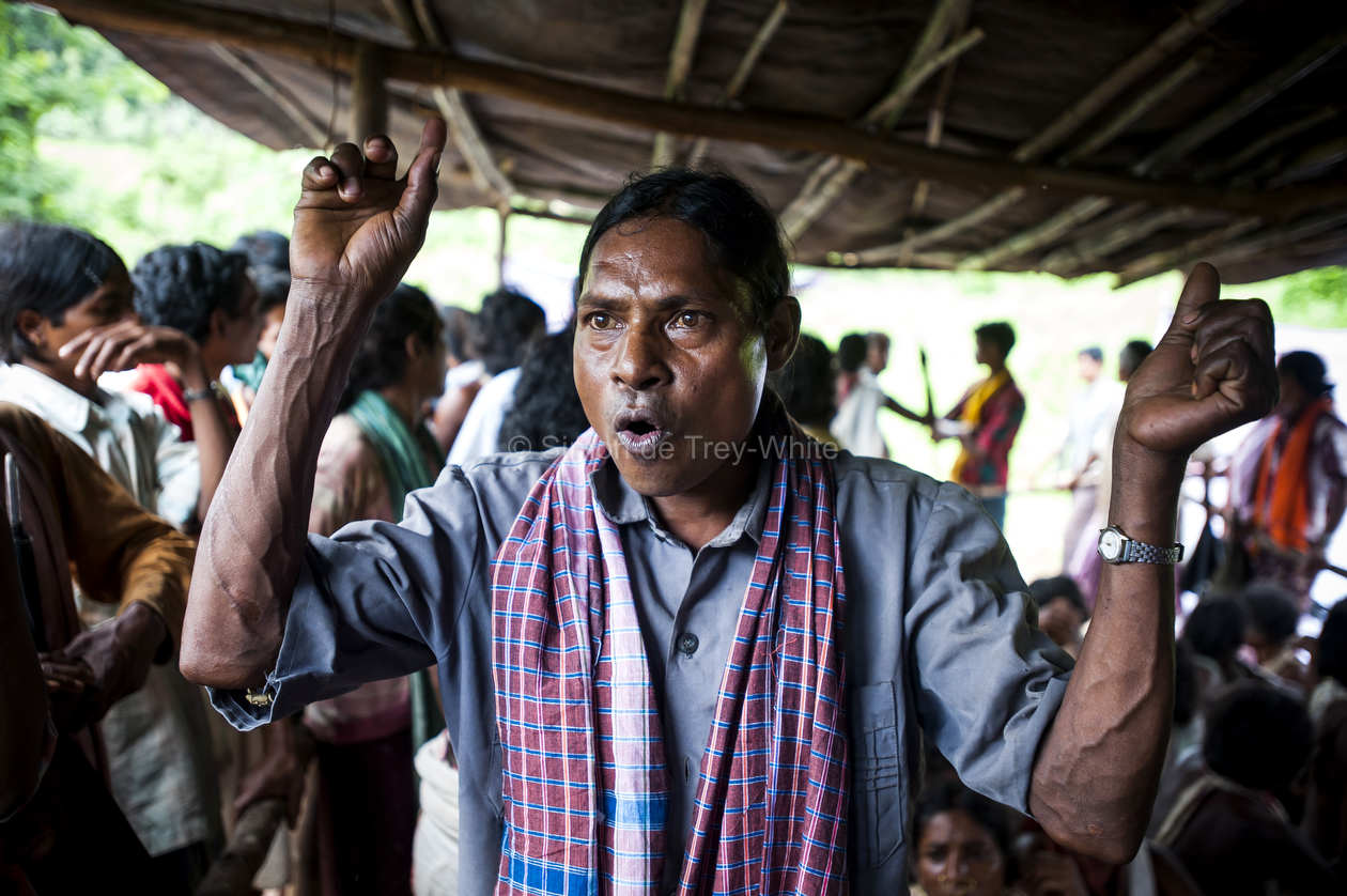 Sikuka Sani (26) a Dongria Kondha tribesman passionately voices his objections to the Vedanta mining operation inside the Gram Sabha meeting hall in Lakhapadar